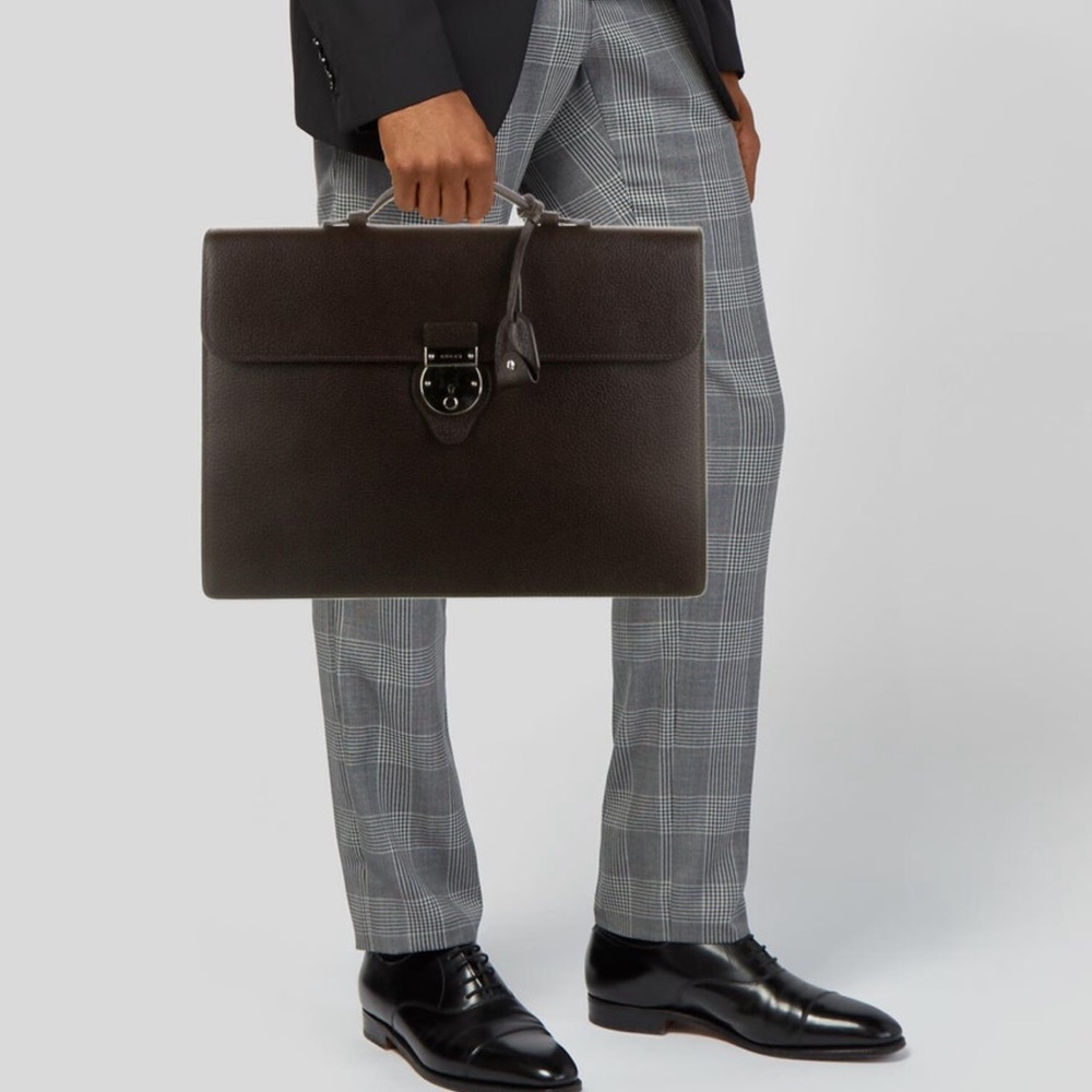 Gucci dark brown NWT pebbled leather unisex briefcase laptop bag